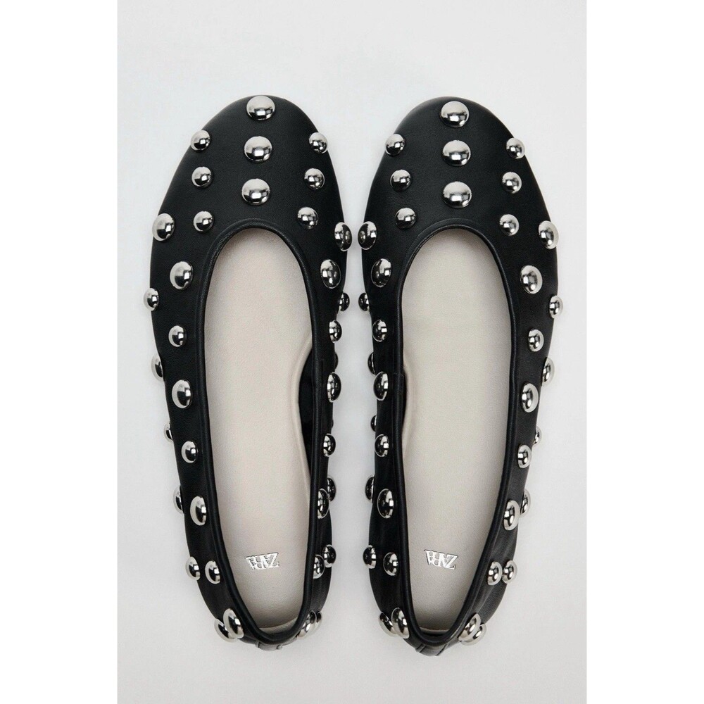 ZARA Woman Studded Leather Ballet Flats Shoes Black Sz US 10 EU 41 1541/410